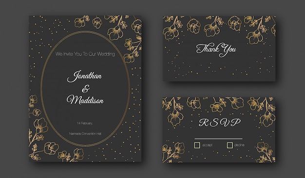 Vector golden hand drawn floral premium wedding stationery template