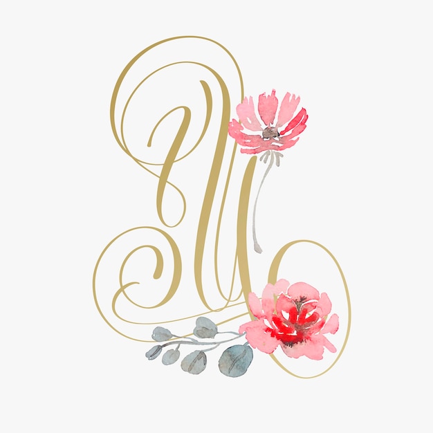 Vector golden hand lettering font with handmade rose flower