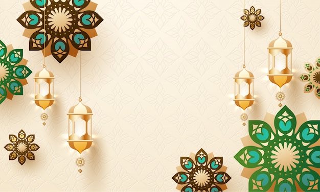 Golden hanging lanterns and mandala design decorated on arabic style