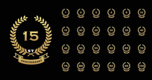 Golden happy anniversary premium badge logotype set