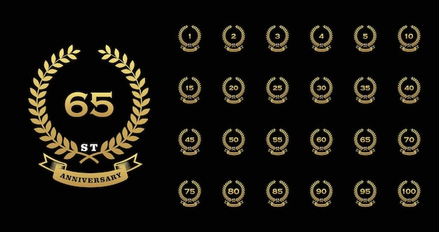 Golden happy anniversary premium badge logotype set