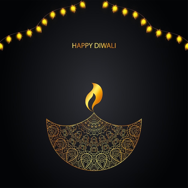 Golden happy diwali font with lit oil lamp diya ornament and lighting garland on black background