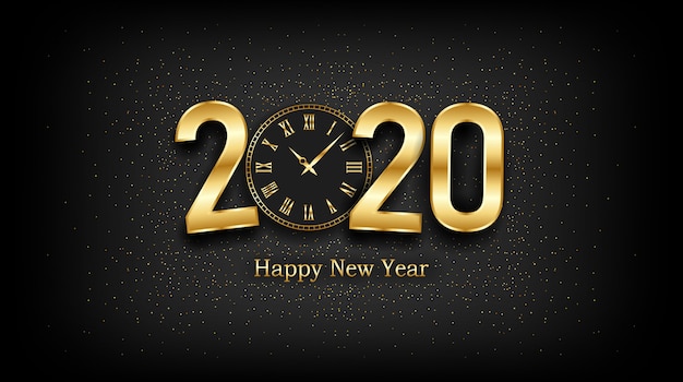 Золотой с новым годом 2020 и часы с взрывом блеском на черном
