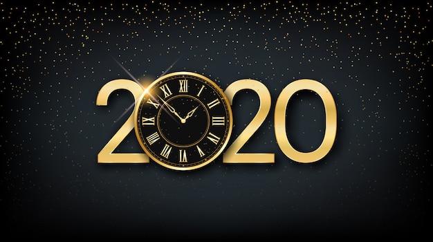 Vector golden happy new year 2020 and clock with glitter on black color background