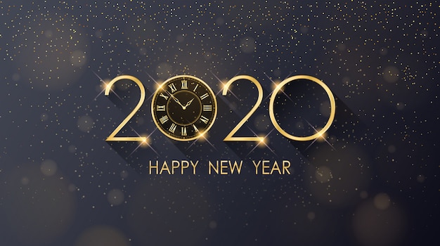 Golden happy new year 2020 e orologio con glitter su sfondo di colore nero