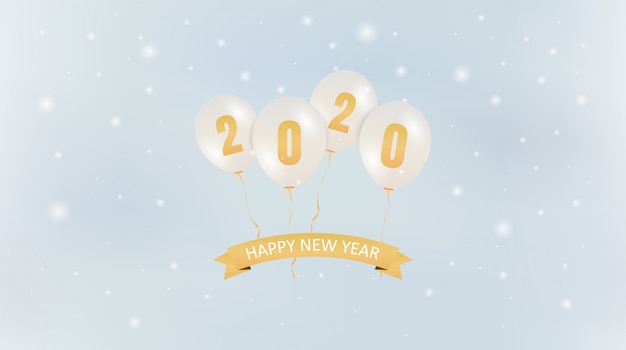 Golden happy new year 2020 in floating party balloon and falling snowflake on blue sky background