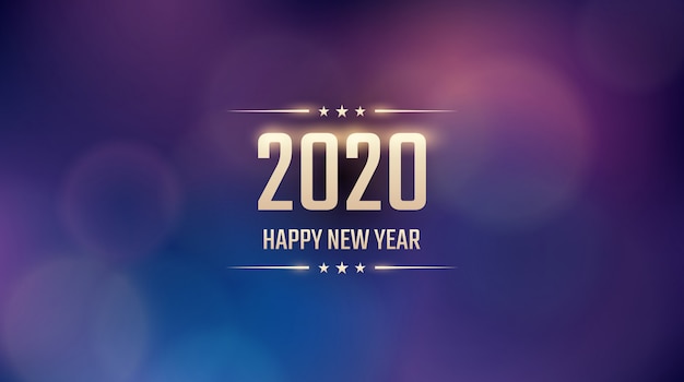 Buon anno dorato 2020 con il modello astratto del chiarore dell'obiettivo e del bokeh nel fondo blu d'annata di colore