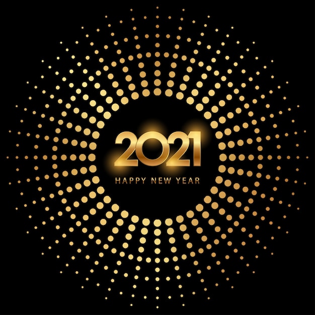 Vettore felice anno nuovo dorato 2021 in cerchio con glitter scoppiato su colore nero