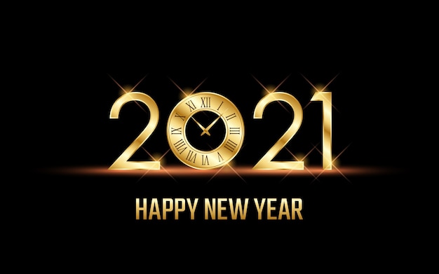 Golden happy new year 2021 with clock face in black color background