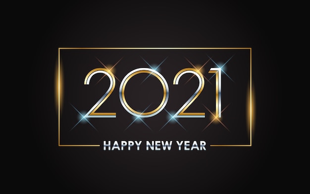 Vettore felice anno nuovo dorato 2021 con luce splendente
