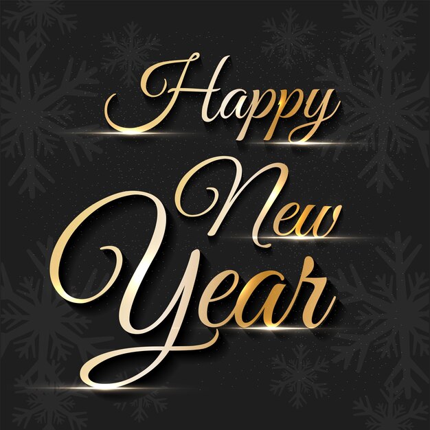 Vector golden happy new year calligraphy with light effect on black snowflakes background.