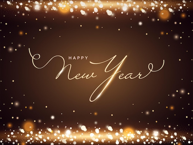 Golden Happy New Year Font On Brown Particles Background.