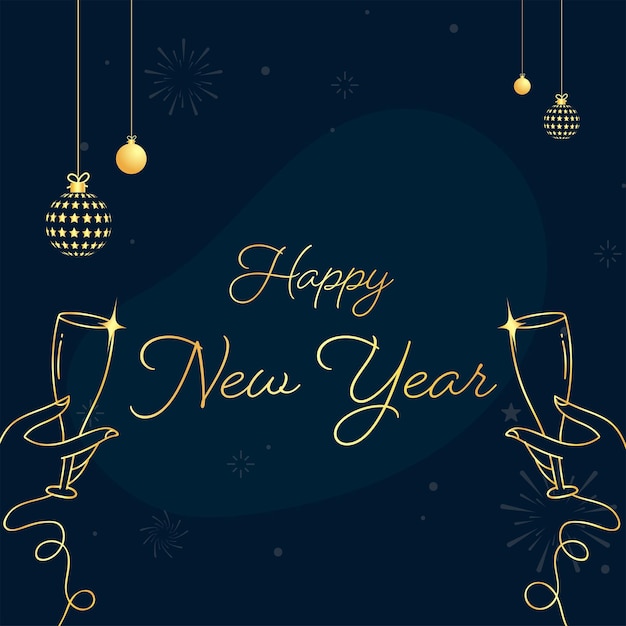 Golden happy new year font with linear style female hands holding champagne glasses and baubles hang on blue fireworks background