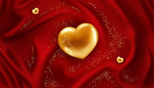 Golden heart on a red shiny fabric with sequins as a festive background.