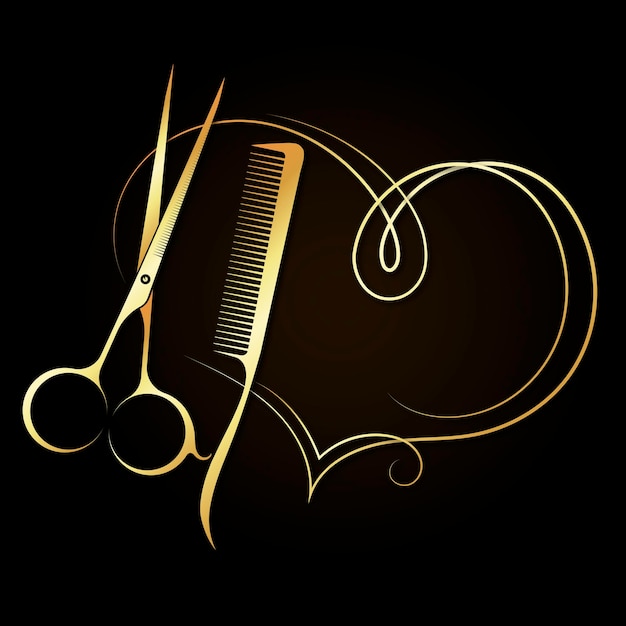 Golden heart and scissors combs symbol for beauty salon