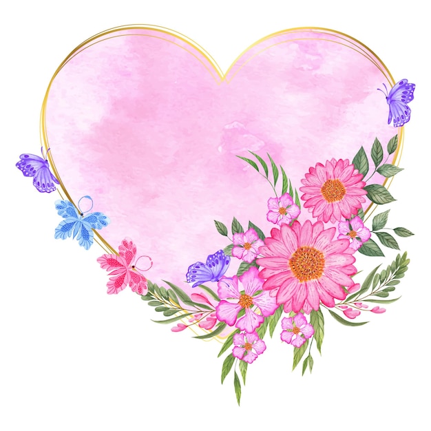 Vector golden heart shape pink floral frame decoration with butterflies