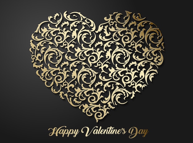 Golden heart shaped floral pattern with leaves Patterned 3d love symbol with shadow dark background