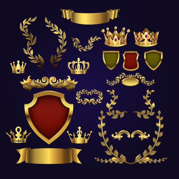 Golden heraldic elements. kings crowns, laurel wreath and royal shield for 3d labels