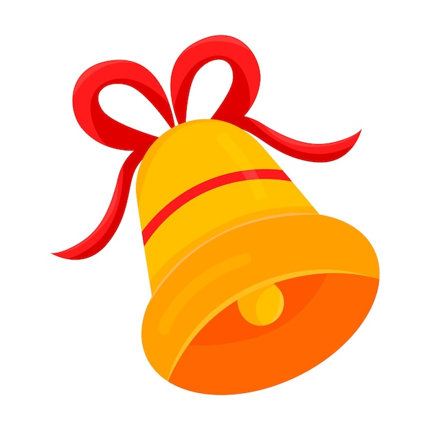 Golden holiday bell, with red ribbons on isolated background.