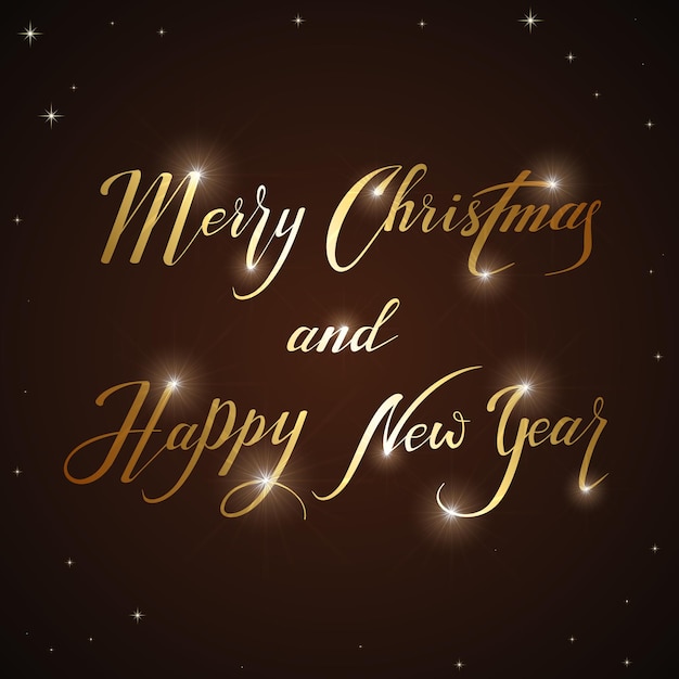 星、イラストと黒の背景にメリークリスマスと新年あけましておめでとうございますの黄金の休日のレタリング。