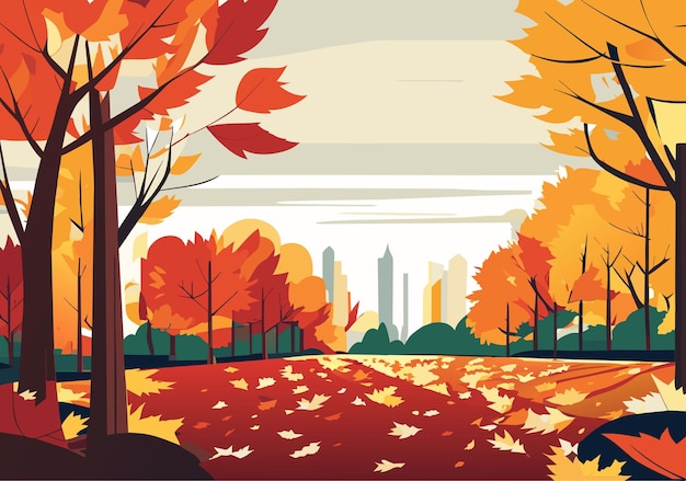 ベクトル 紅葉の小道と木のあるゴールデン ホライズンの美しい秋の風景