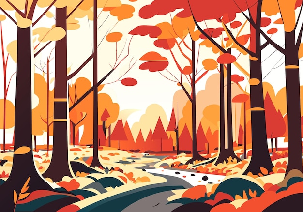 ベクトル 紅葉の小道と木のあるゴールデン ホライズンの美しい秋の風景