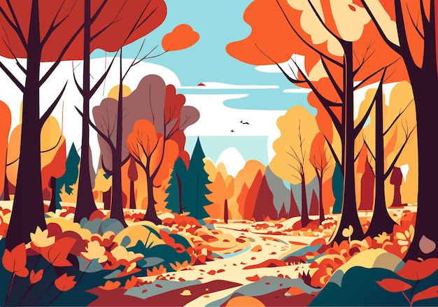 Vector golden horizon scenic autumn landscape with foliage path and tree