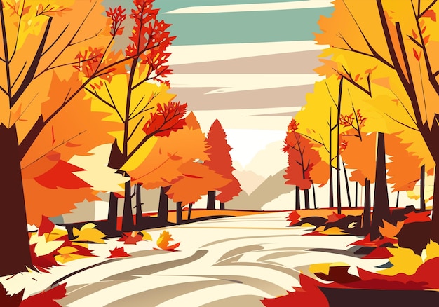 Vector golden horizon scenic autumn landscape with foliage path and tree