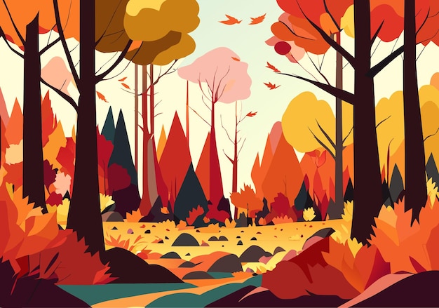 Vector golden horizon scenic autumn landscape with foliage path and tree