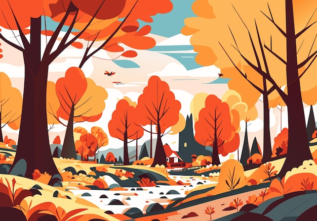 Vector golden horizon scenic autumn landscape with foliage path and tree