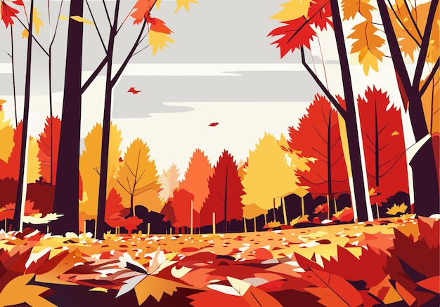 Vector golden horizon scenic autumn landscape with foliage path and tree