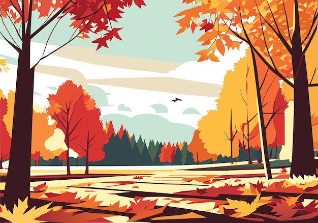 Vector golden horizon scenic autumn landscape with foliage path and tree