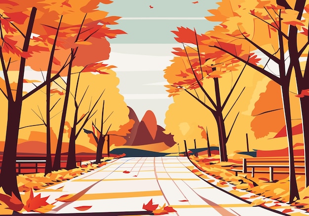 Golden Horizon Scenic Autumn Landscape with Foliage Path and Tree