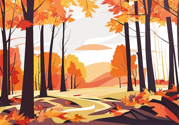 Vector golden horizon scenic autumn landscape with foliage path and tree