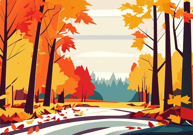 Vector golden horizon scenic autumn landscape with foliage path and tree