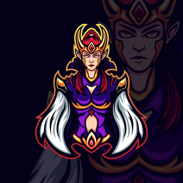 golden horn evil lady in purple gaming avatar vector mascot