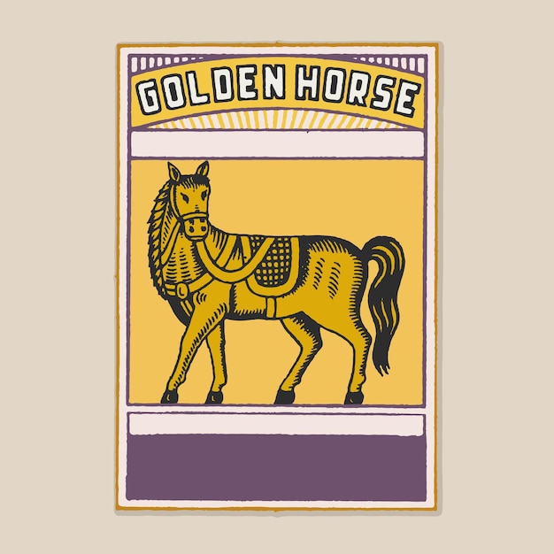 Logo retro dell'etichetta golden horse, vecchia illustrazione vintage, modello di poster, elementi vettoriali di progettazione