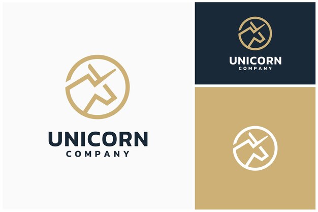 Vector golden horse with horn like unicorn head badge emblem logo design