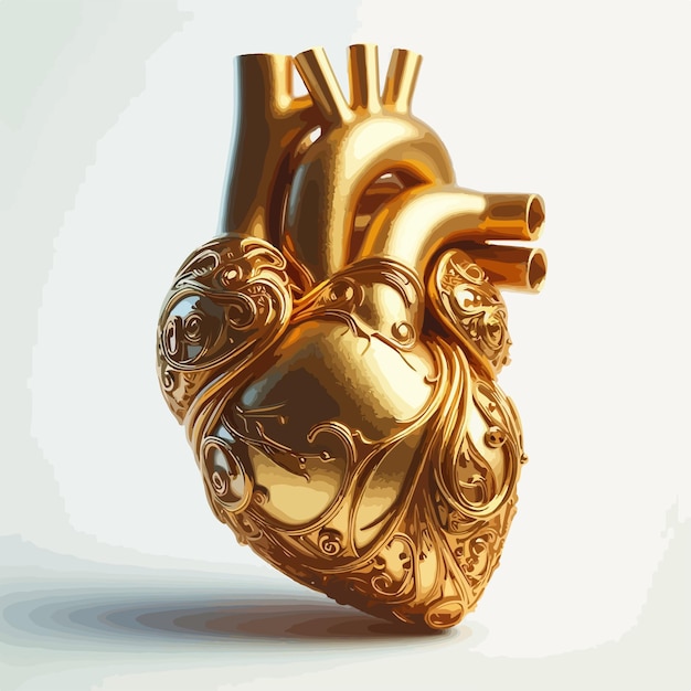 A Golden human heart on a black background