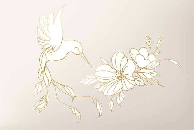 웨딩 살롱 개인 위생 미용실 벡터 꽃 위에 벌새의 황금 그림