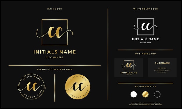 Golden Initial CC letter C handwriting logo design line square