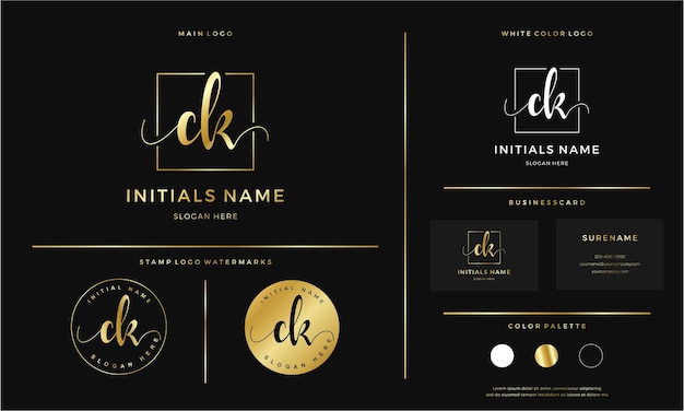 Vector golden initial ck letter c k handwriting logo design line square