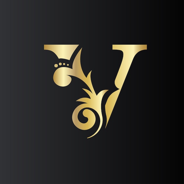 Golden Initial Letter V with simple floral leaves Luxury Natural Logo Icon Elegant botanic design Vector illustration