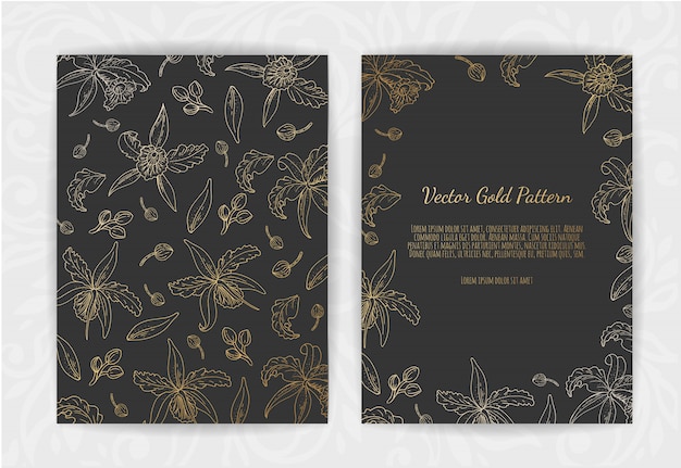 Golden invitation with floral elements.