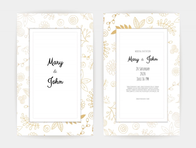 Golden invitation with floral elements.