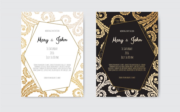 Golden invitation with floral elements.