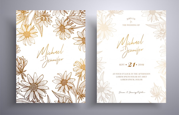 Golden invitation with frame of leaves and flowers. botanical template with space for your text.