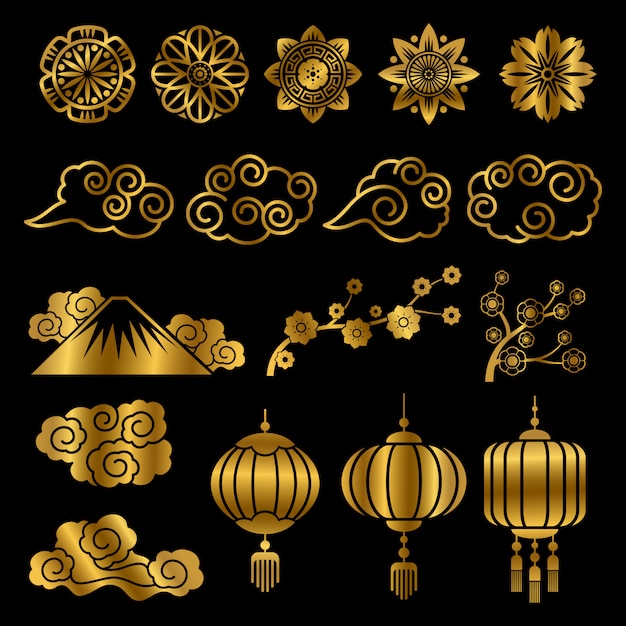 Золотой японский и китайский азиатский мотив векторные элементы декора
