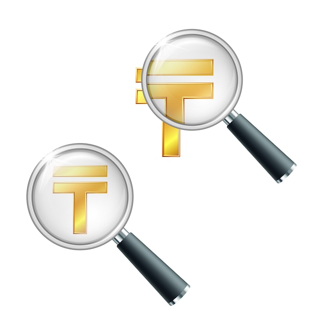 Golden kazakhstani tenge currency sign with magnifying glass. search or check financial stability.  illustration  on white background