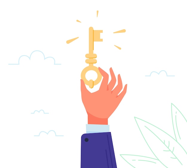 Vector golden key in hand hands holding gold secret keys from lock door residential property success unlock opportunity successful estate owner or agent admin access vector illustration